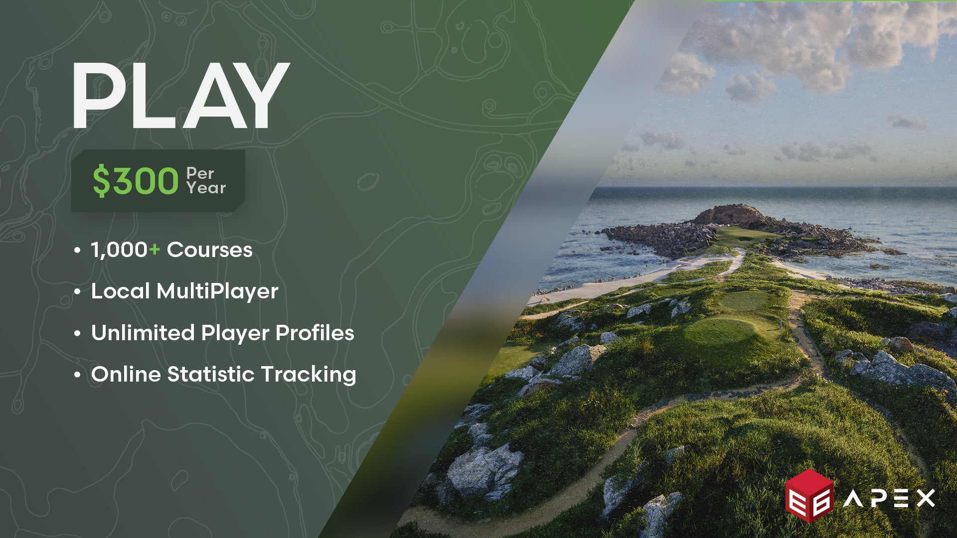 E6 APEX subscription showing 1000+ courses, multiplayer, unlimited profiles, and stats tracking