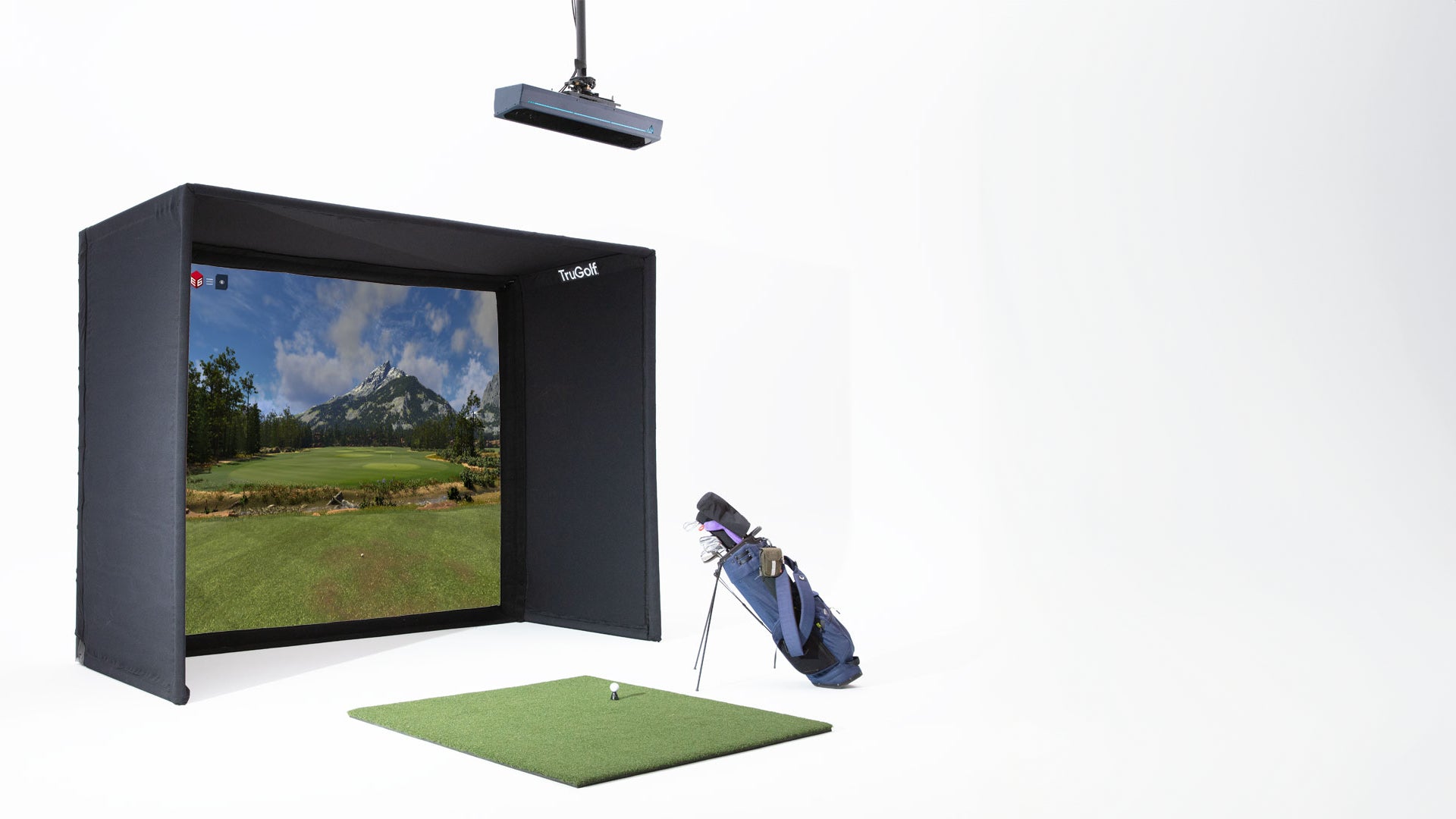 TruGolf Starter 10 enclosure with impact screen, projector, hitting mat, and golf bag